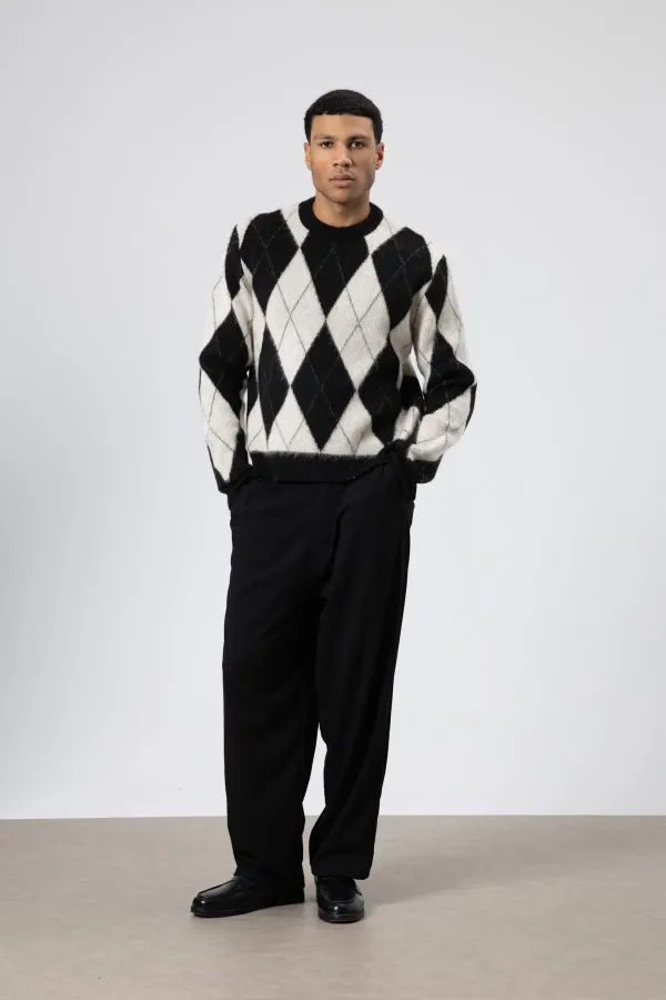 Baklava Desenli Oversize Kazak Siyah