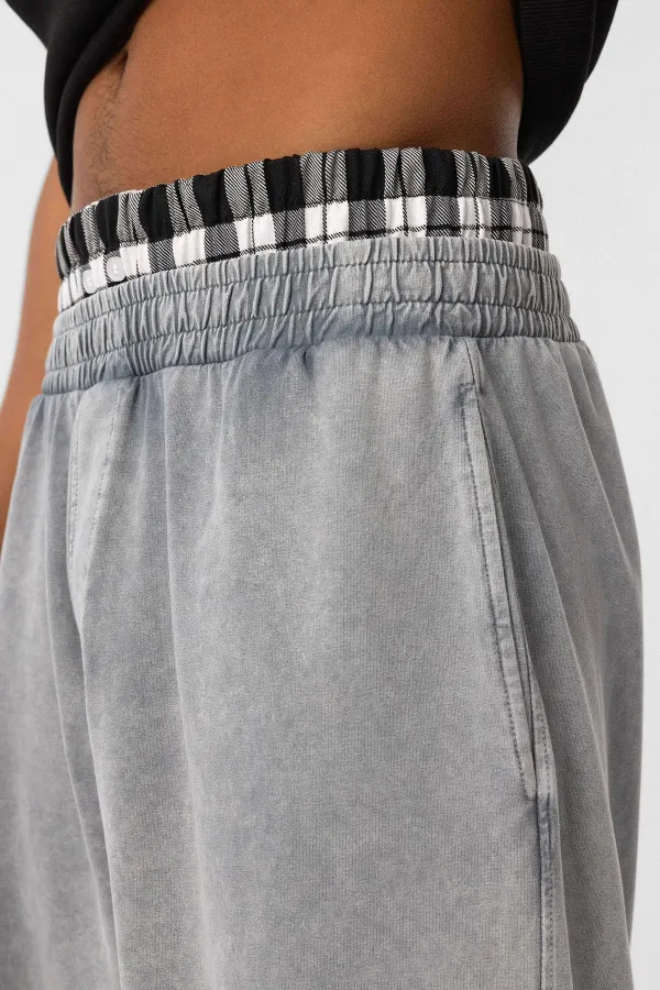 Yıkamalı Bel Detaylı Baggy Eşofman Alt Gri