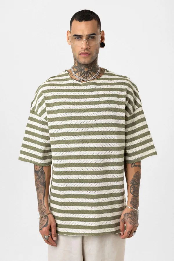 T-shirt rayé oversize en maille kaki