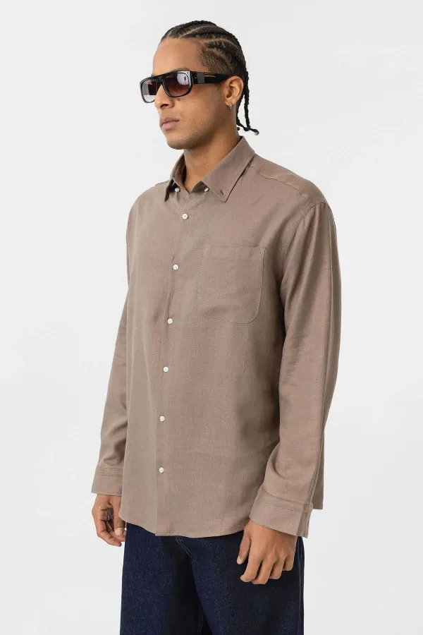 Cep Detaylı Oversize Uzun Kol Gömlek Vizon