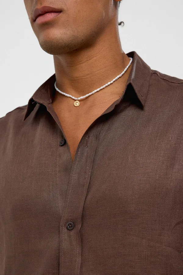 100% Linen Oversize Long-Sleeve Shirt, Coffee