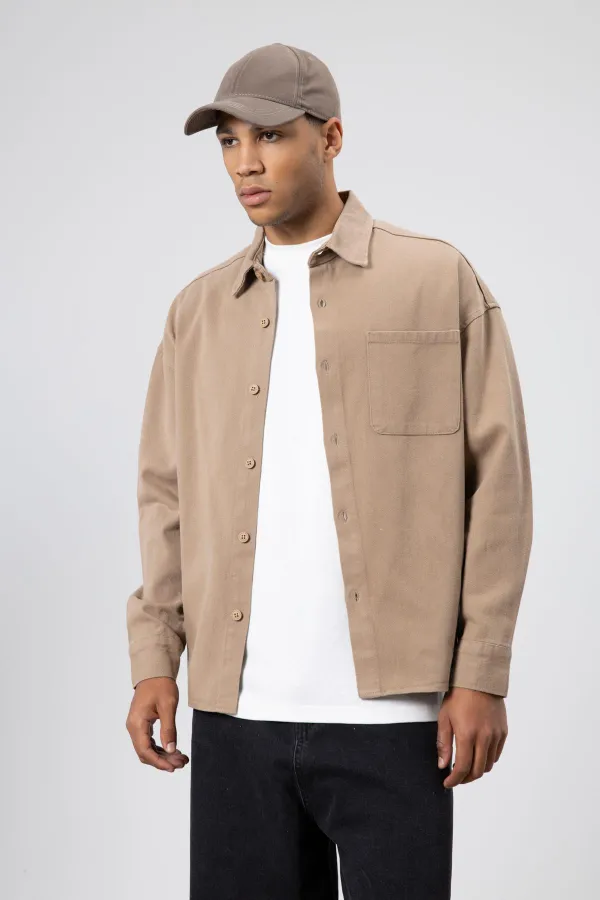Oversize Gabardin Gömlek Ceket Vizon