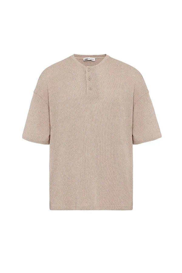 Basic Oversize Button-Down T-Shirt Beige