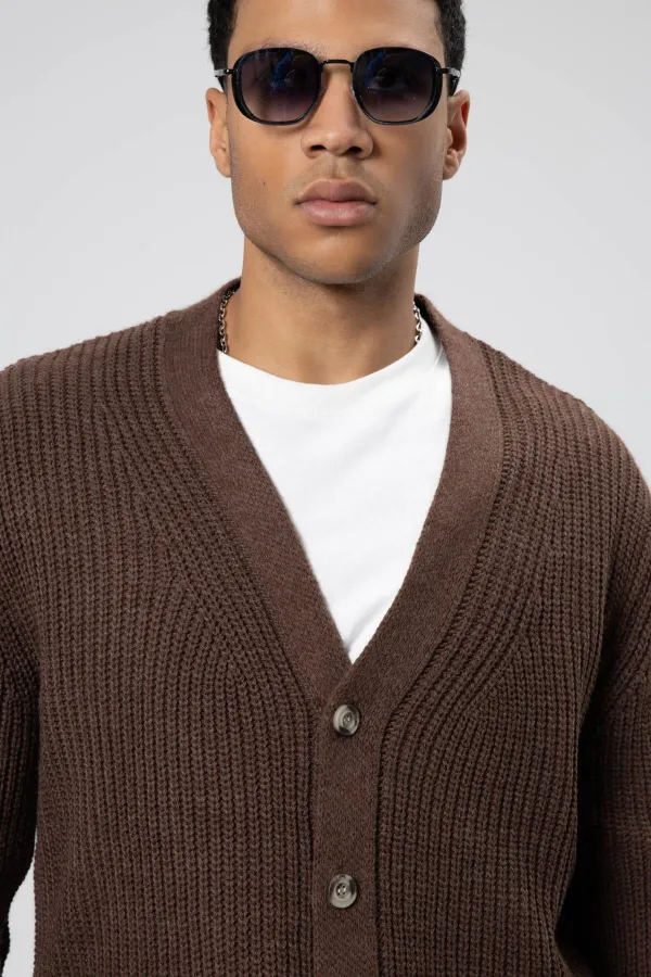 V Yaka Düğmeli Örgü Hırka Kazak Vizon