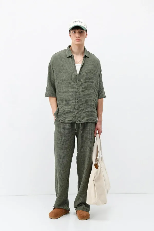 Müslin Kumaş Rahat Kalıp Keten Takım Haki