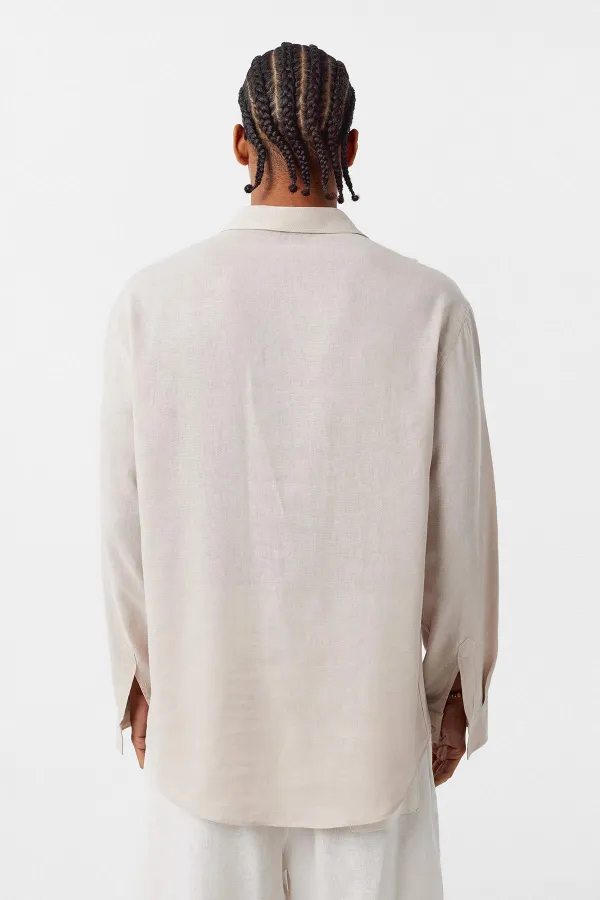 Basic Oversize Uzun Kollu Keten Gömlek Bej