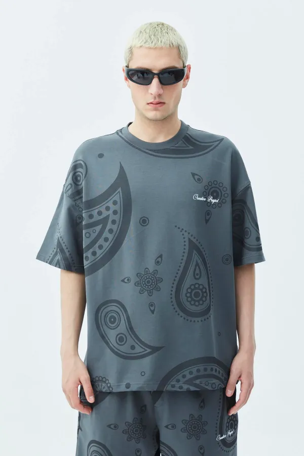 Oversize Desenli Şort Tişört Takım Koyu Füme