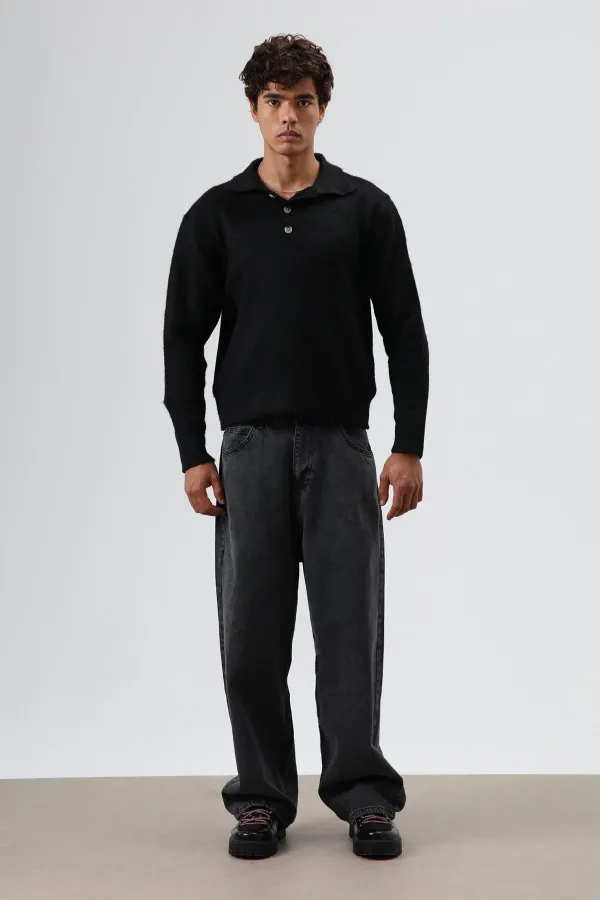 Pull en maille douce texturée à col polo noir