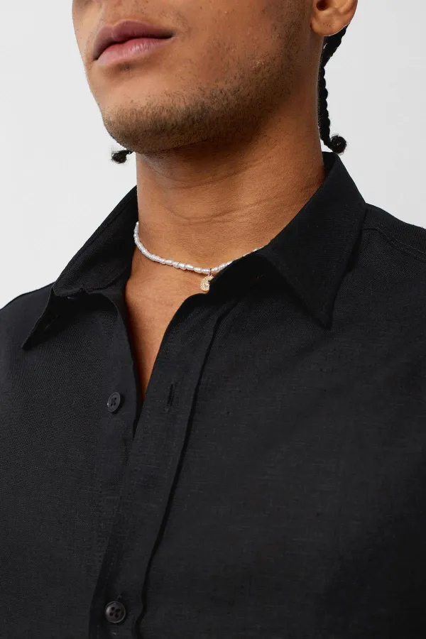 Basic Oversize Uzun Kollu Keten Gömlek Siyah