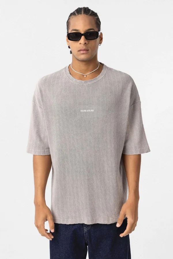 Yıkamalı Arka Baskılı Oversize Tişört Taş