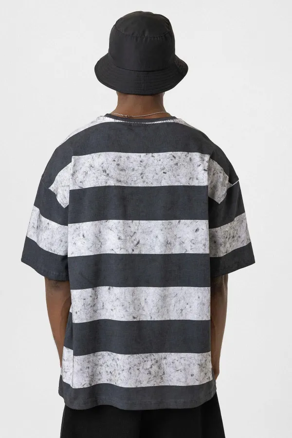 Yıkamalı Şeritli Oversize Tişört Gri - Beyaz