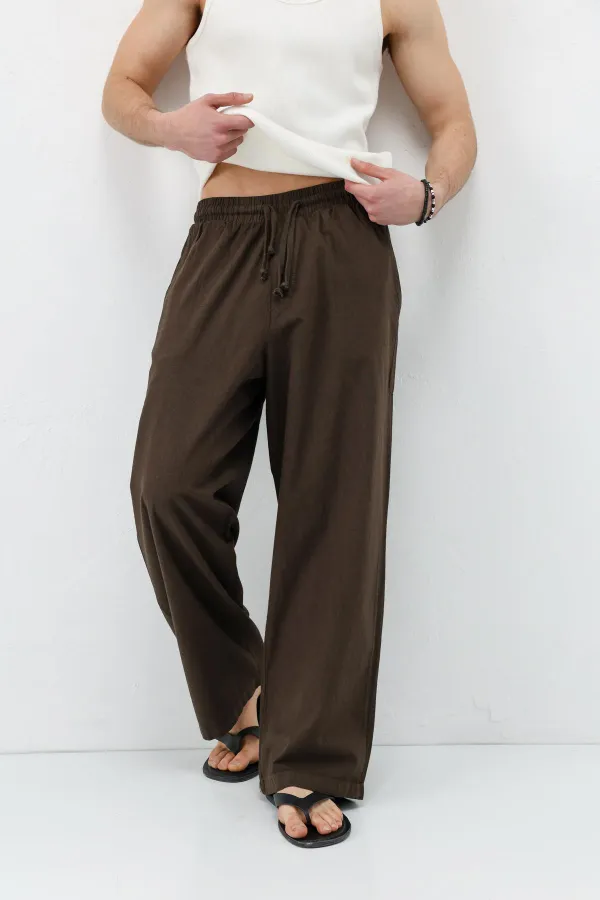 Super Baggy Fit Keten Pantolon Kahve