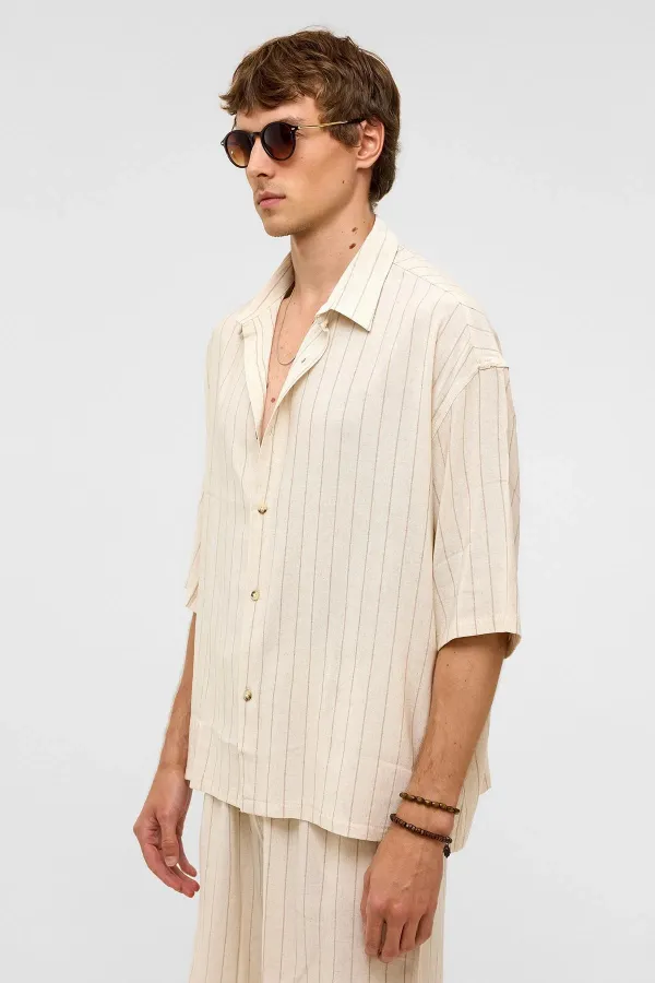 Oversize Çizgili Kısa Kollu Keten Gömlek Vizon