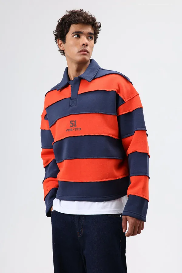 Oversize Şeritli Baskılı Sweatshirt Lacivert