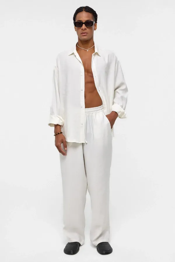 Basıc Oversize Uzun Kollu Modal Karışımlı Gömlek Ekru