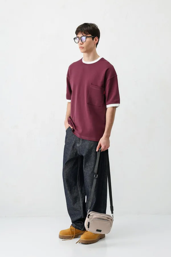 Kısa Kollu Oversize Cepli Tişört VİŞNE