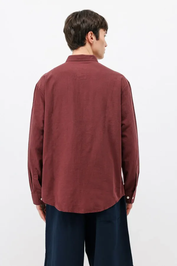 Basic Oversize Pamuk  Keten Gömlek Bordo