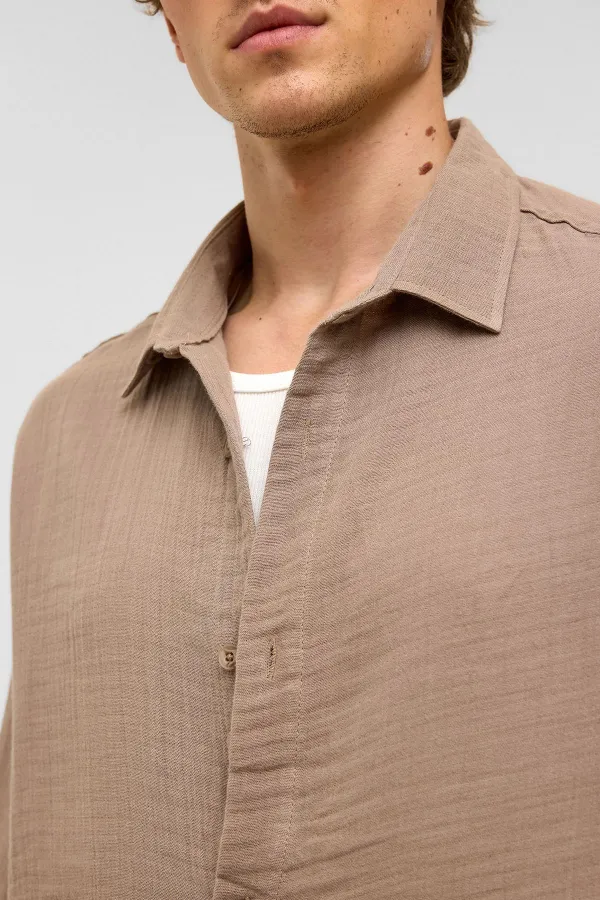 Oversize Kısa Kollu Müslin Kumaş Gömlek Bej