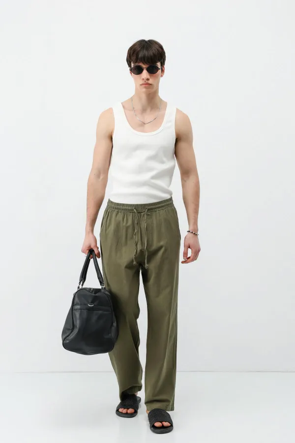 Pantalon ample en lin kaki avec taille élastique