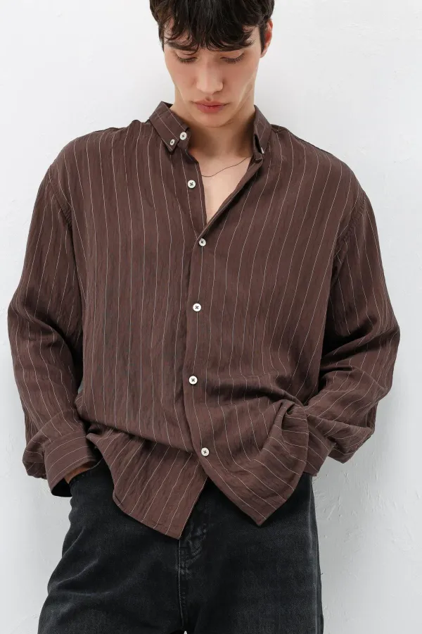 Çizgili Oversize Gömlek Kahve