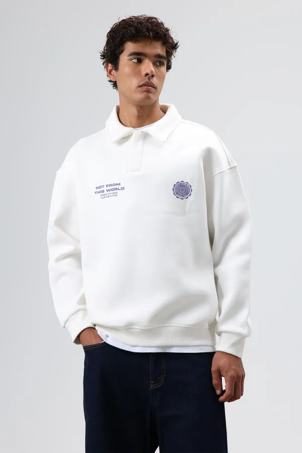 Sweat-shirt oversize à col polo imprimé délavé, écru