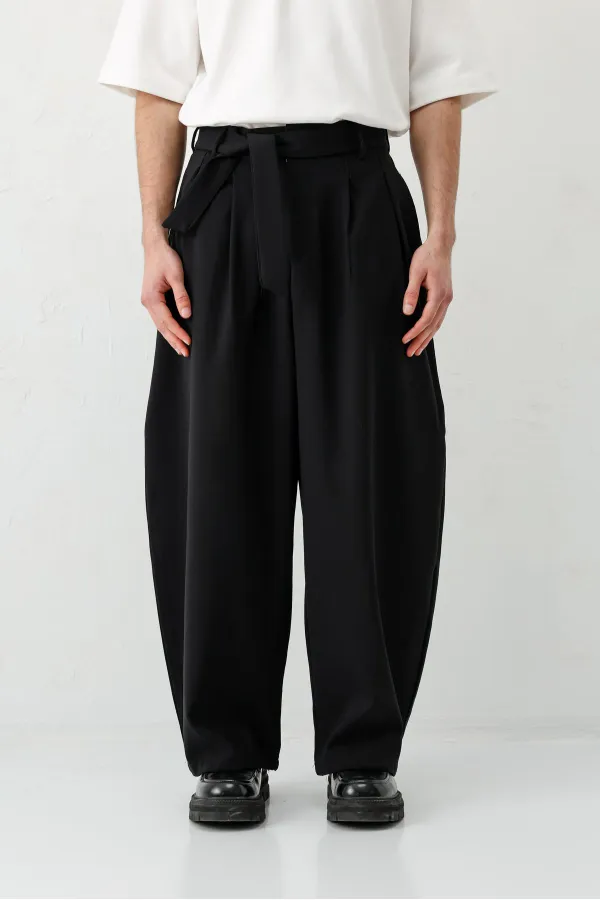 Barrel Fit Tailored Fit Kemerli Pantolon Siyah