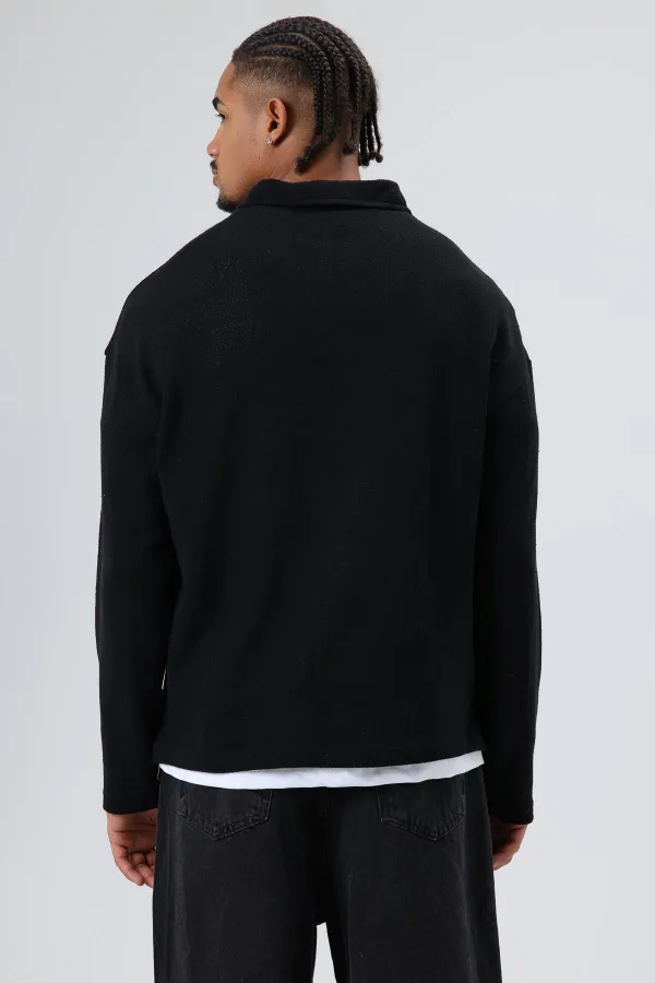 Oversize Polo Yaka Triko Kazak Siyah