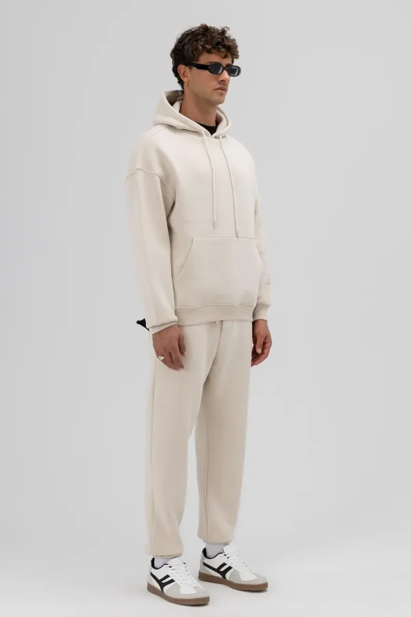 Basic Oversize Kapüşonlu Sweatshirt Taş