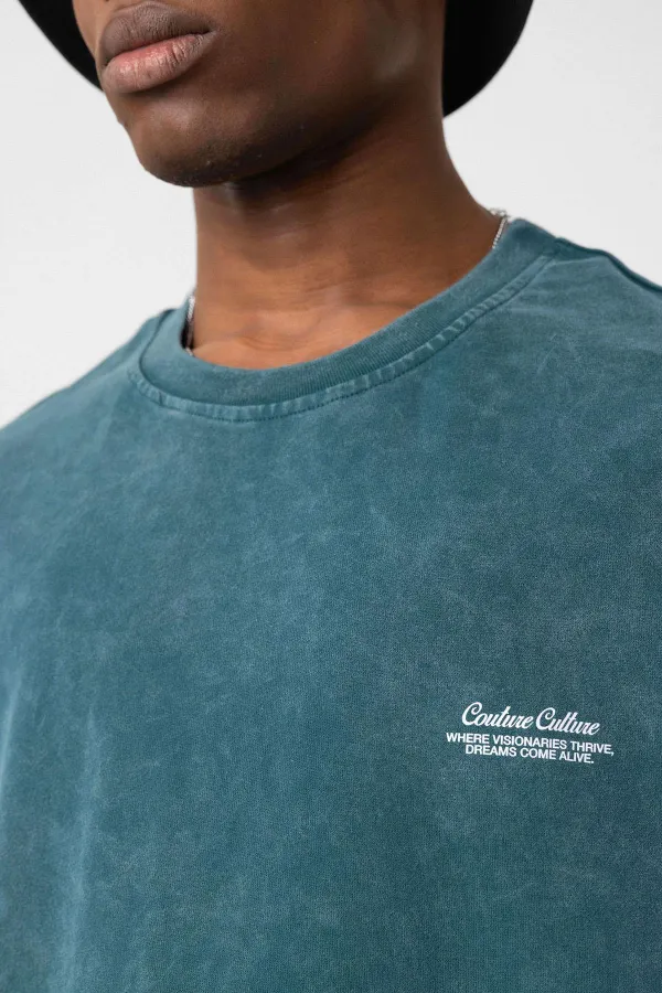 Washed Oversize Plaid Detail T-Shirt, Petrol