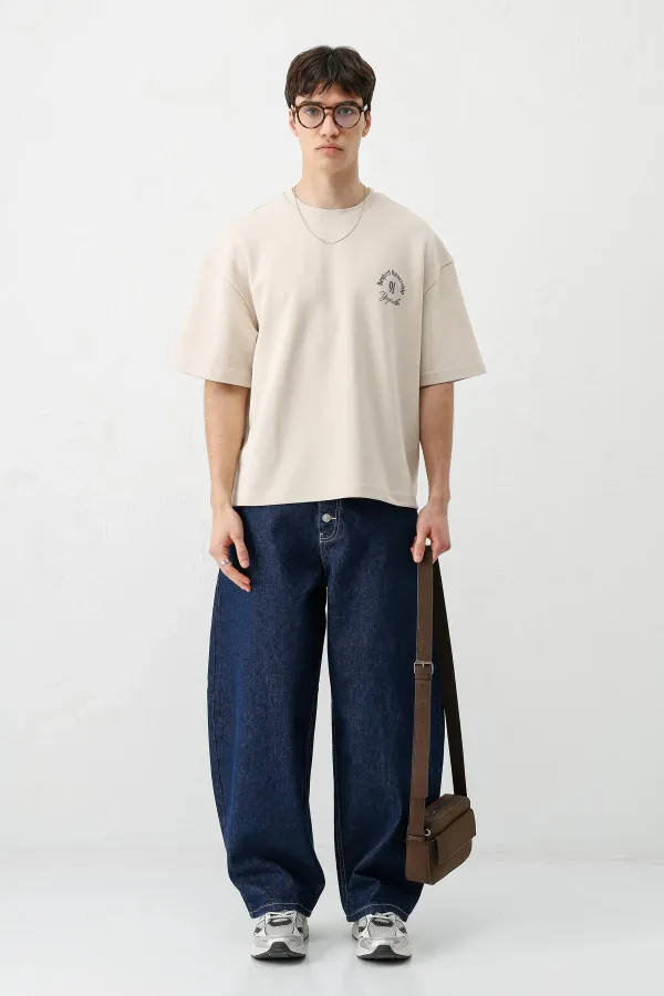 Kısa Kollu Boxy Fit Baskılı Tişört Taş