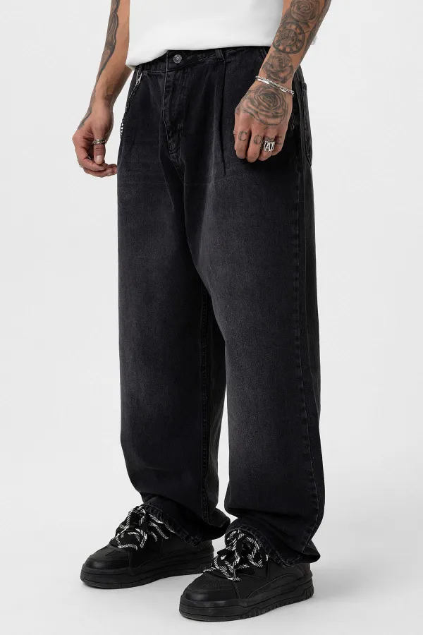 Pileli Zincir Detaylı Baggy Jean Antrasit