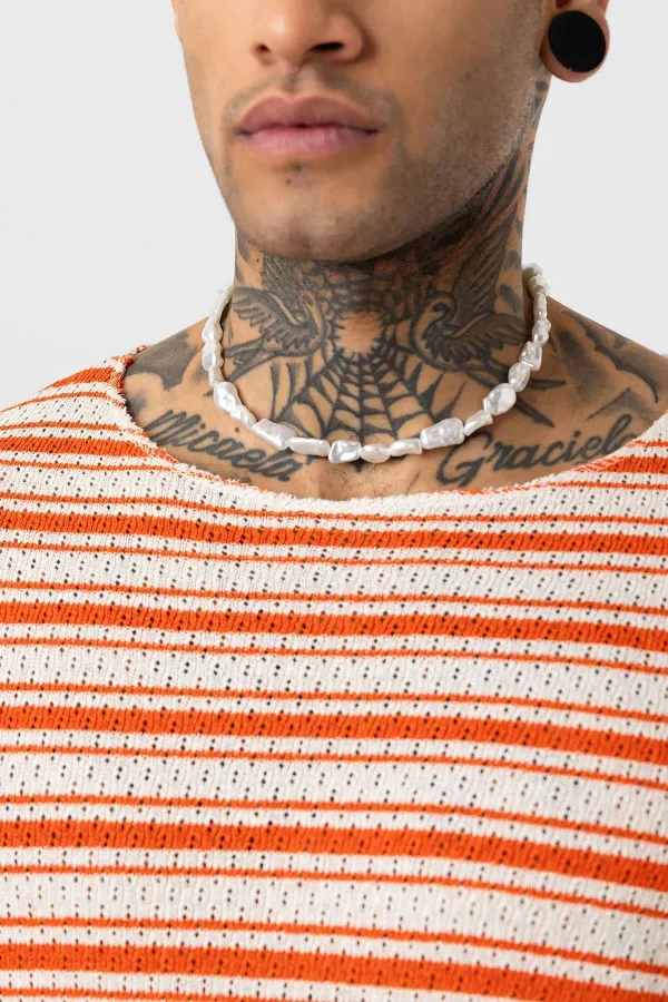 T-shirt rayé oversize en maille orange