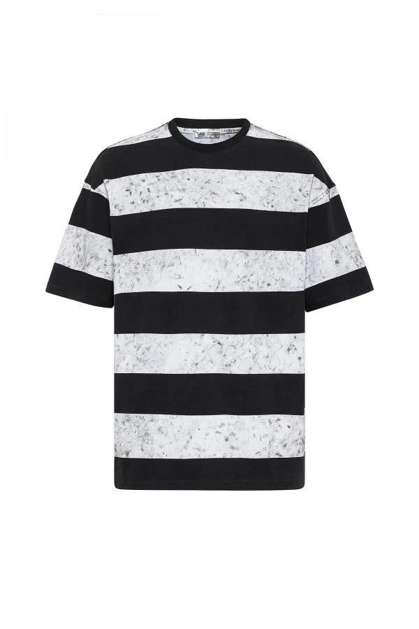 Yıkamalı Şeritli Oversize Tişört Siyah - Beyaz