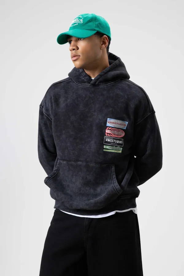 Sweat à capuche oversize noir à imprimé délavé