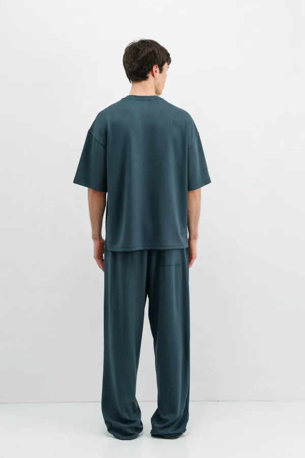 Fitilli Dokulu Oversize Tişört Petrol