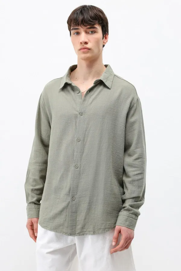 Uzun Kollu Basic Oversize Gömlek Haki