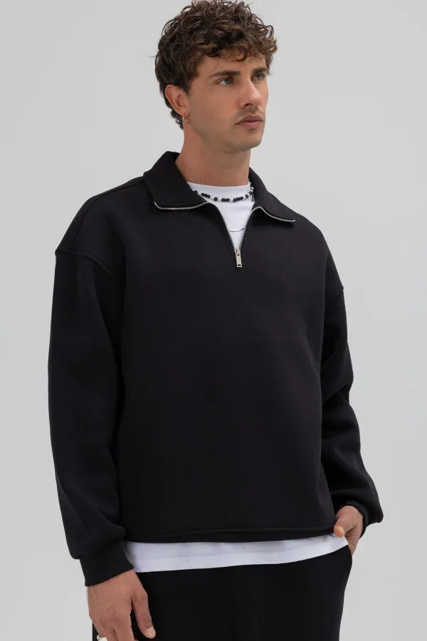 Oversize Fermuarlı Dik Yaka Sweatshirt Siyah