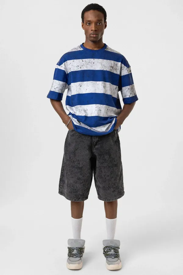 Yıkamalı Şeritli Oversize Tişört Mavi - Beyaz
