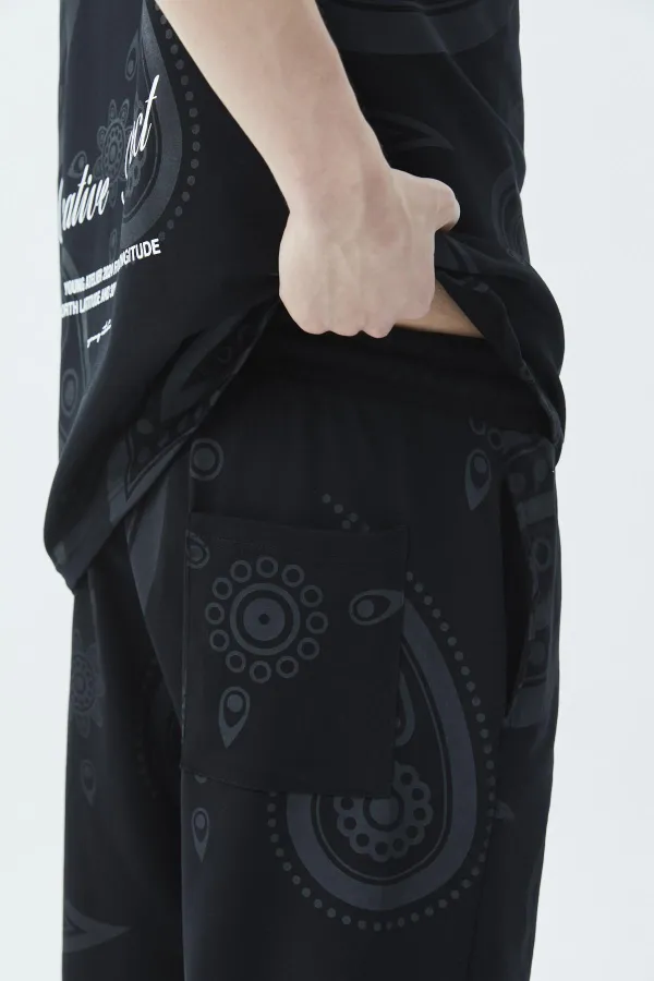 Oversize Desenli Şort Tişört Takım Siyah