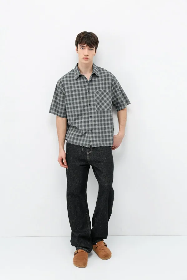 Checked Short-Sleeved Oversize Shirt, Khaki