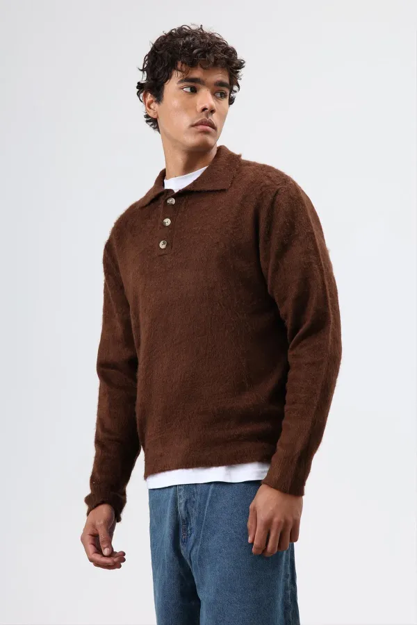 Pull en maille douce texturée à col polo, marron