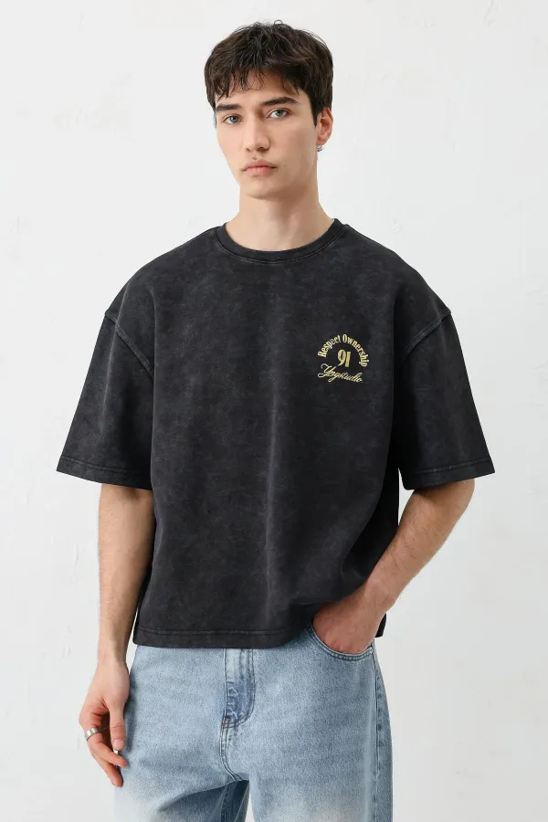 Kısa Kollu Boxy Fit Baskılı Tişört Siyah