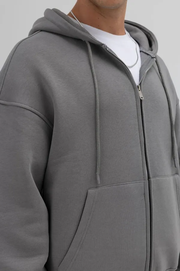 Sweat à capuche basique oversize zippé, gris foncé