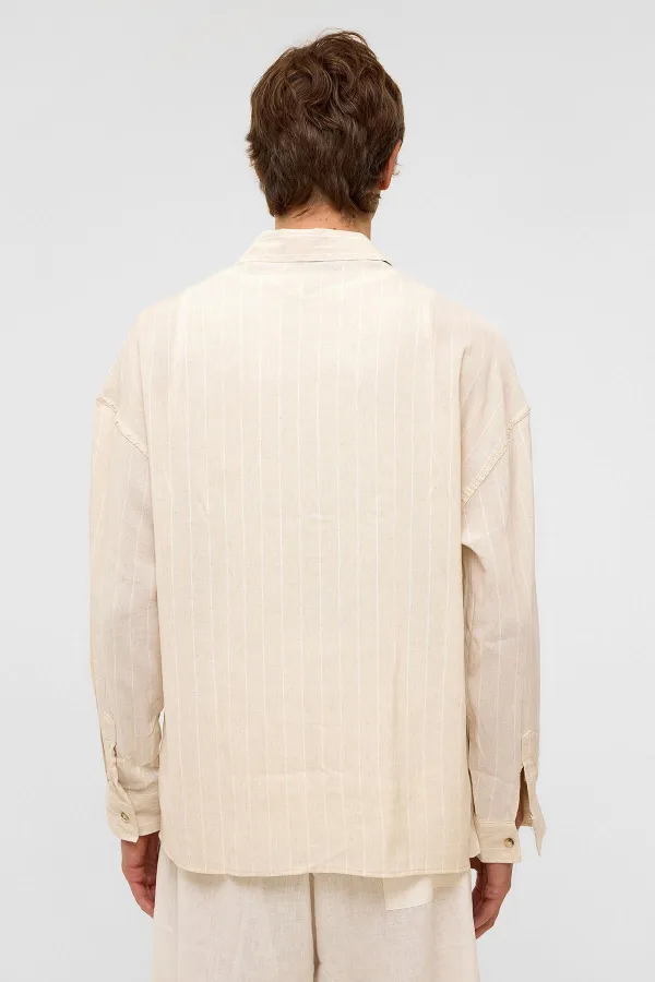 Oversize Long-Sleeved Striped Linen Shirt White