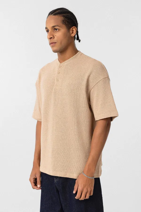 Basic Oversize Button Collar T-Shirt Stone