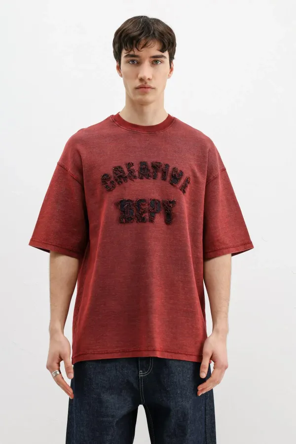 Yıkamalı Yazı Baskılı Oversize Tişört Bordo