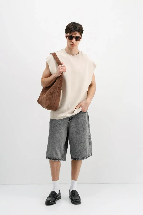 Oversize Kolsuz Basic Tişört Taş Oversize Kolsuz Basic Tişört Taş