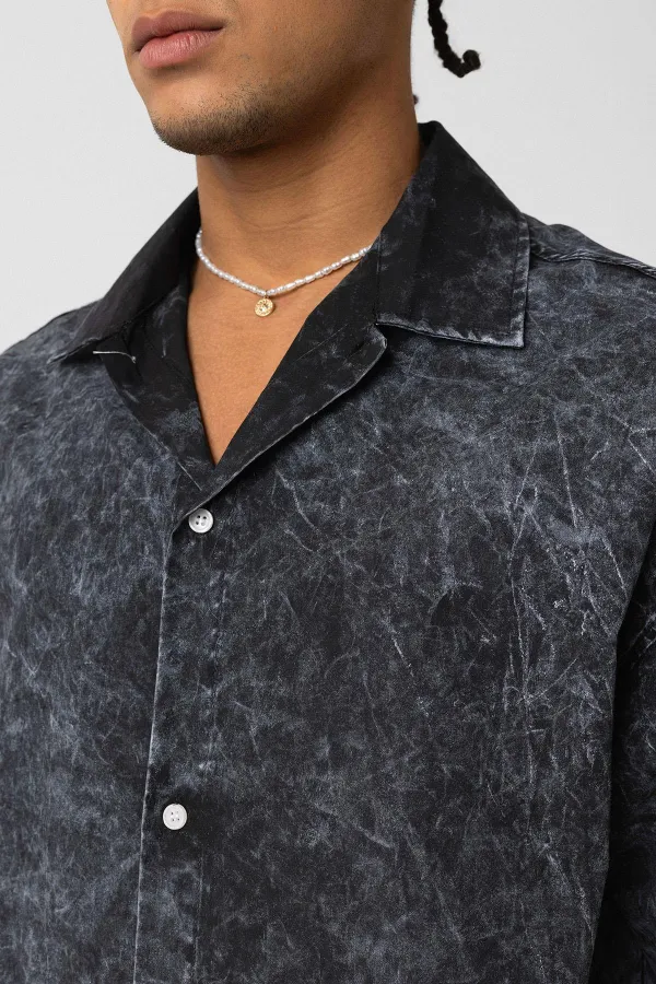 Yıkamalı Yazı Baskılı Oversize Kısa Kol Gömlek Siyah