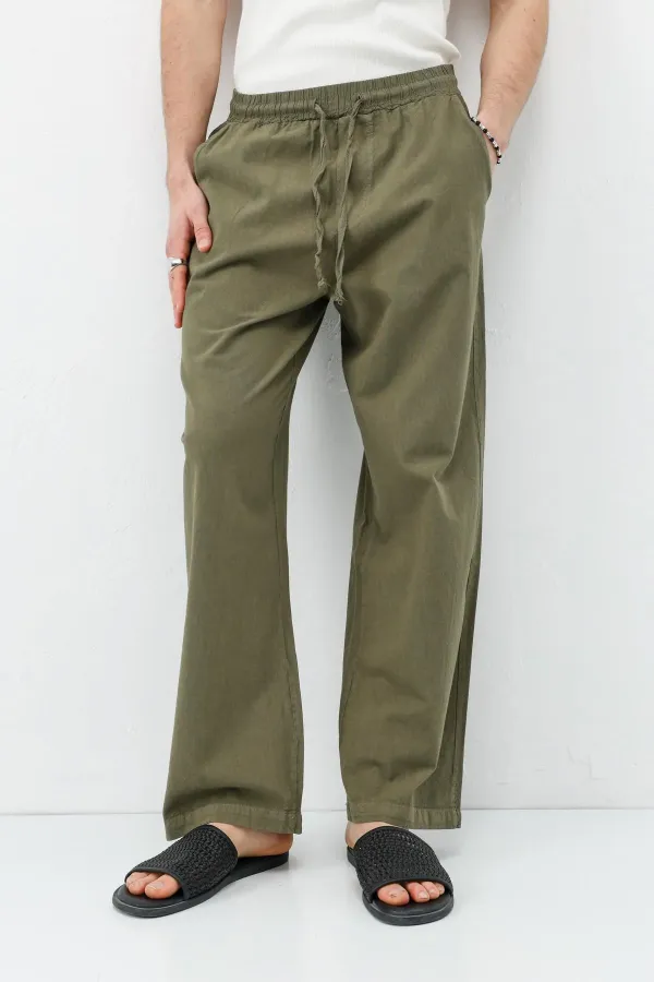 Pantalon ample en lin kaki avec taille élastique