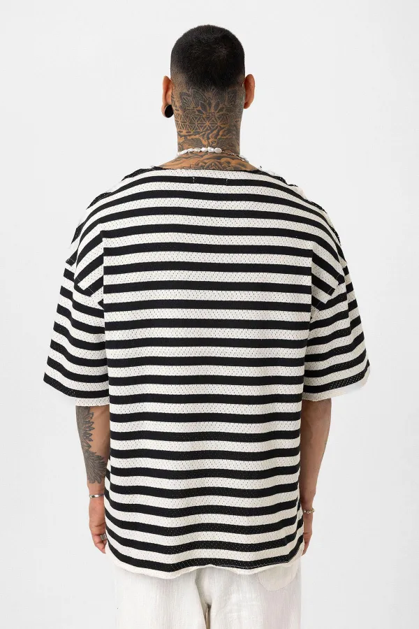 Striped Oversize Knit T-Shirt Black
